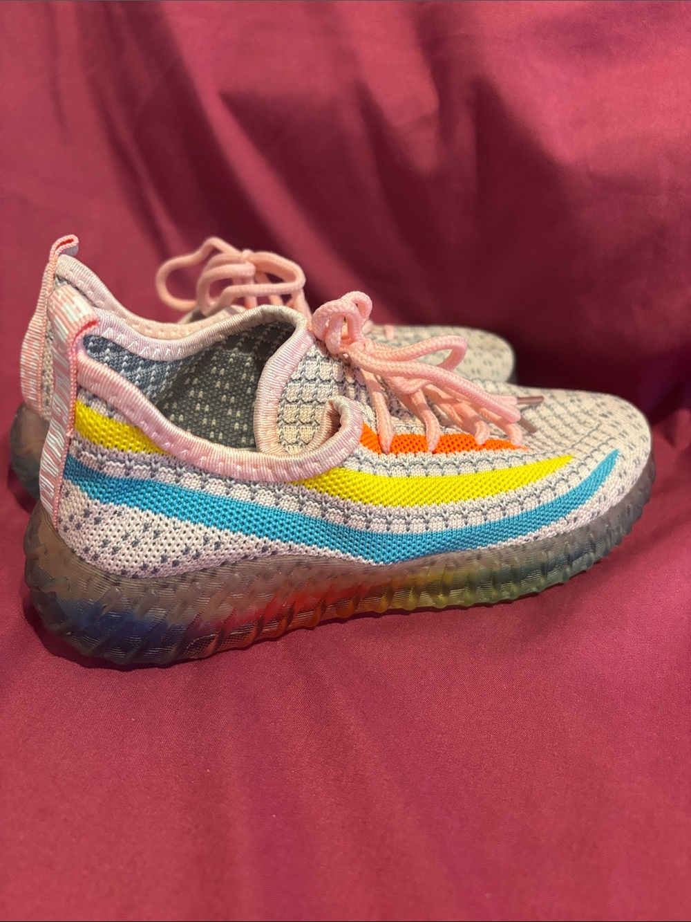 Lola + The Boys Pastel Pink Knit Sneakers with Yellow & Blue Stripes